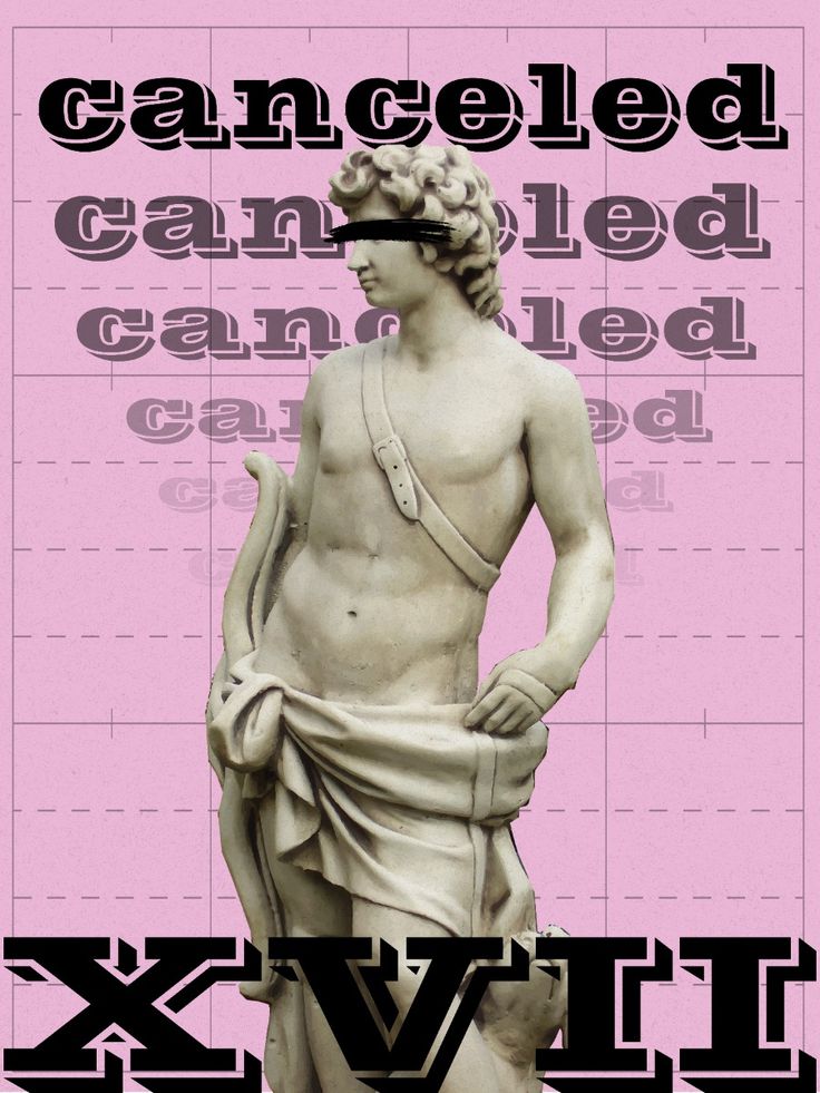 Pink Cancelled artwork featuring a classical marble statue with a black bar across its eyes.
