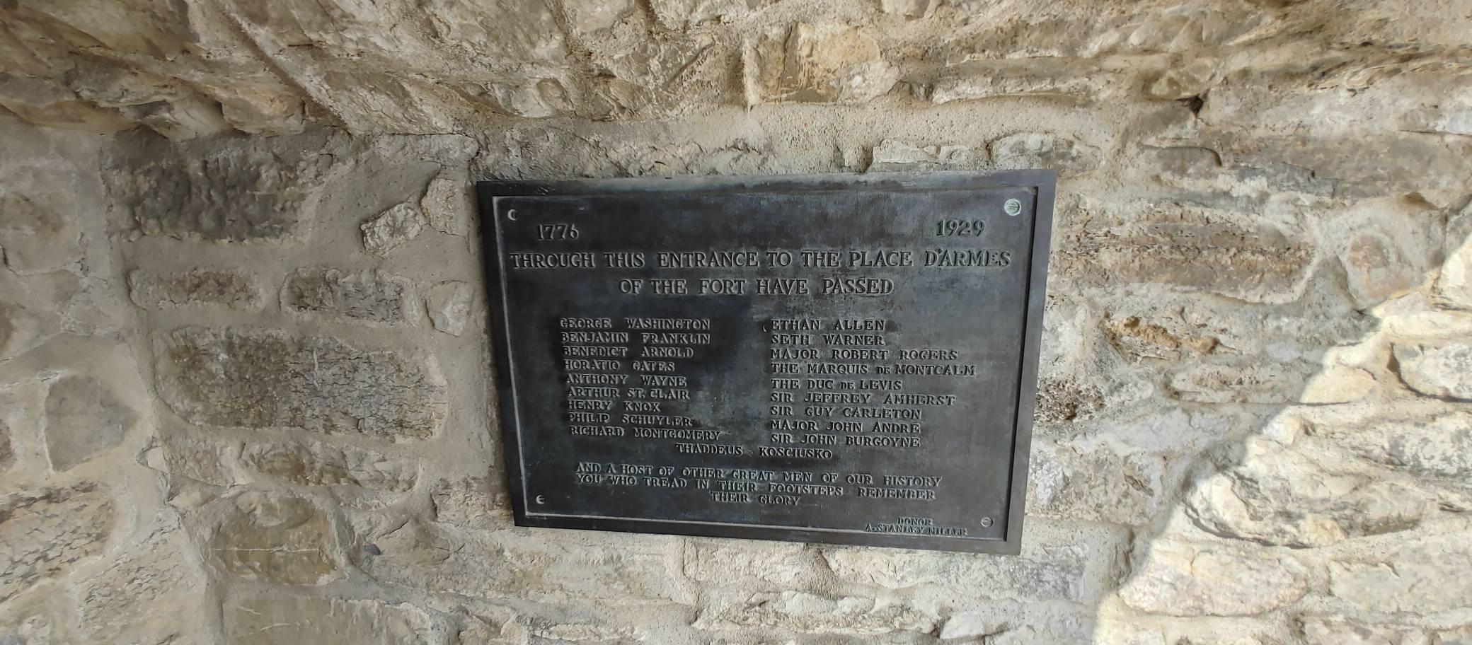 Plaque at Fort Ticonderoga commemorating the figures who passed through the fort during the Revolutionary era