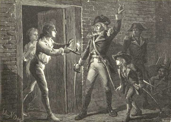 Nineteenth-century engraving depicting Ethan Allen demanding the surrender of Fort Ticonderoga