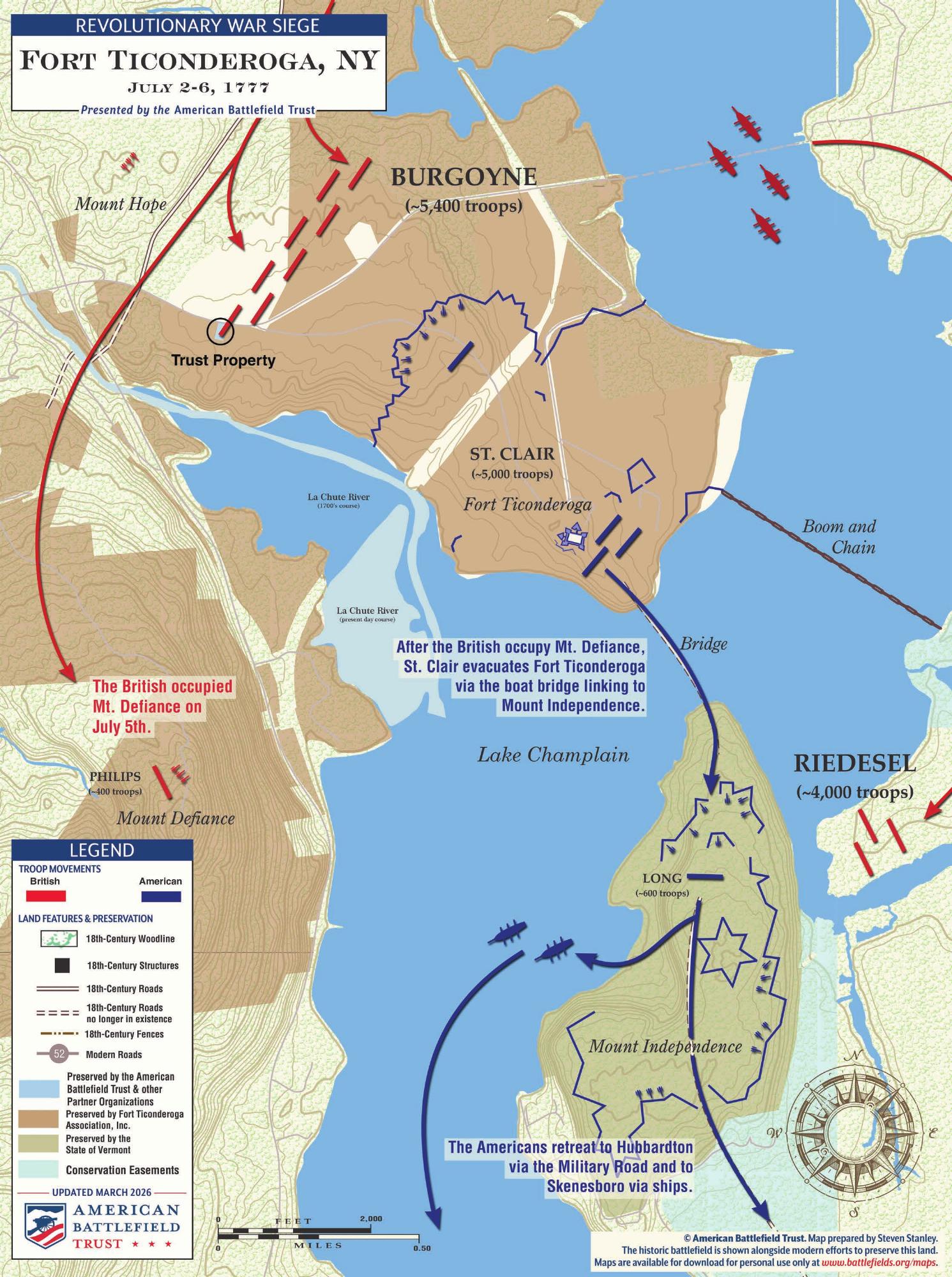 Map of the Revolutionary War siege of Fort Ticonderoga, New York, July 2–6, 1777